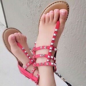 Women's Studded Strappy Flat Sandals Red Color